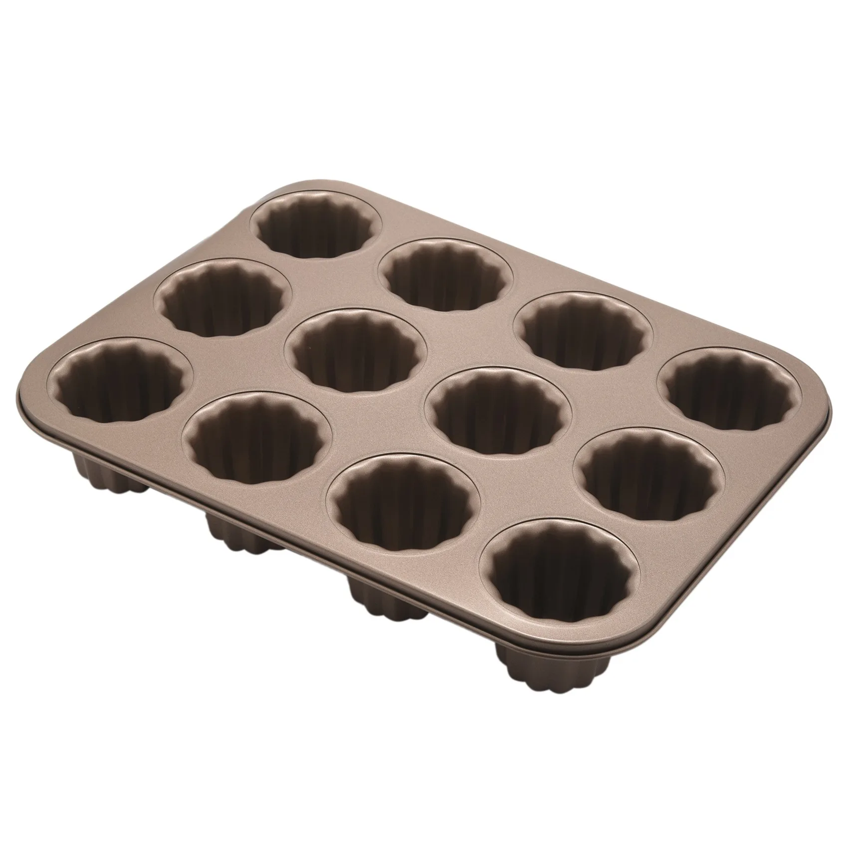 Canele Mold Cake Pan, 12-Cavity Non-Stick Cannele Muffin Bakeware Cupcake Pan for Oven Baking(Champagne Gold)