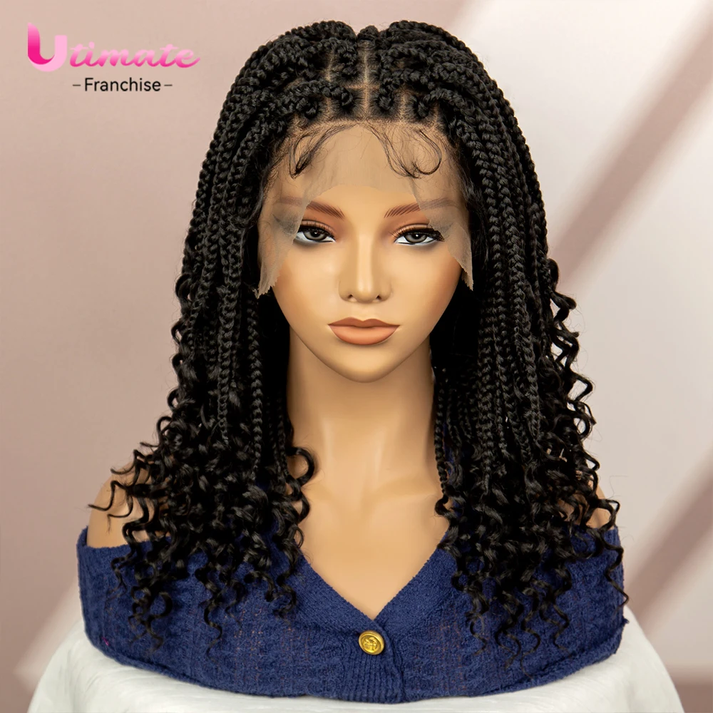 Lace Braided wigs Synthetic Box Braided Wigs Ful Lace Braiding Wig with Baby Hair 16 Inches Afro Curly Braids Wigs Hand Made