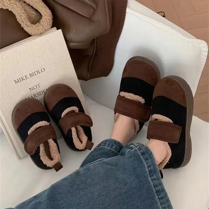 Women's autumn winter casual outside wear padded warm cotton shoes retro color blocking non-slip parent-child flat soybean shoes