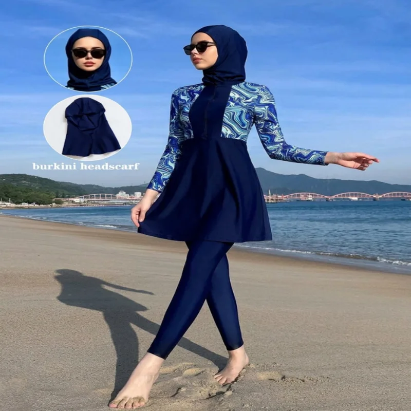 2027 New 3PCS Burkini Muslim Swimwear Women Modest Swimsuit Long Sleeve Zipper Hijab Pants Set UPF50+ Islamic Beach Bathing Suit