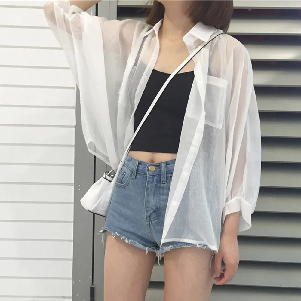 2023 New Womens Chiffon Shirt Summer Loose Thin Long Sleeved Sunscreen Top Cardigan Classical Cute  Elegant V-neck Top Female