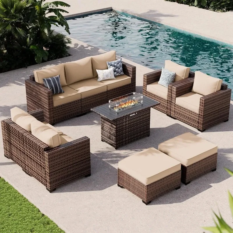 

7-Piece Wicker Patio Furniture Set with 44" Fire Pit Table and Ottoman - Outdoor Conversation Set