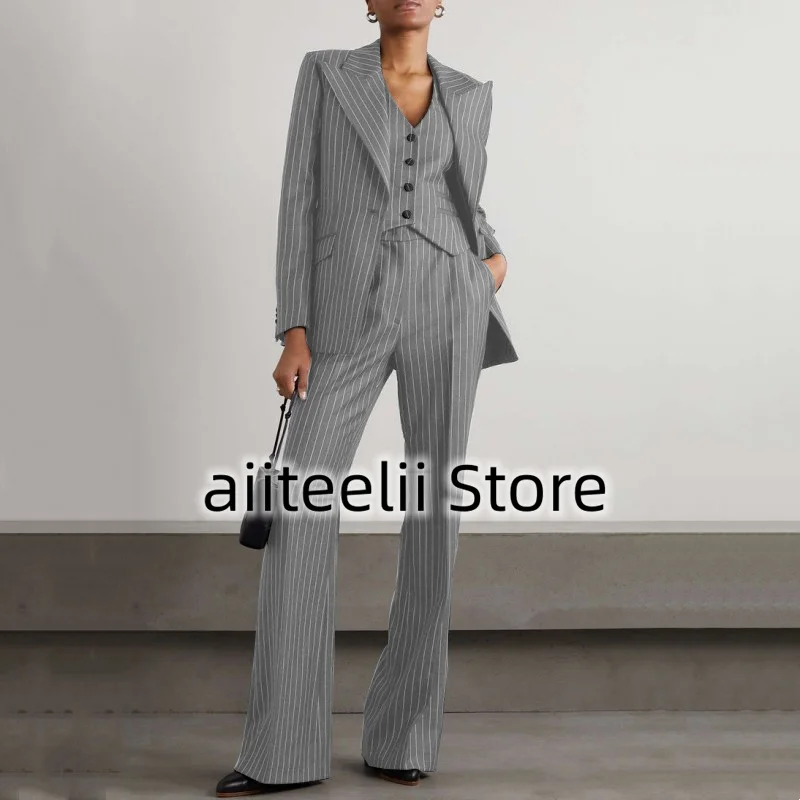 Veste à revers coupe couvertes rayée trempée pour femme, simple boutonnage, col en verre, mode professionnelle, 3 pièces