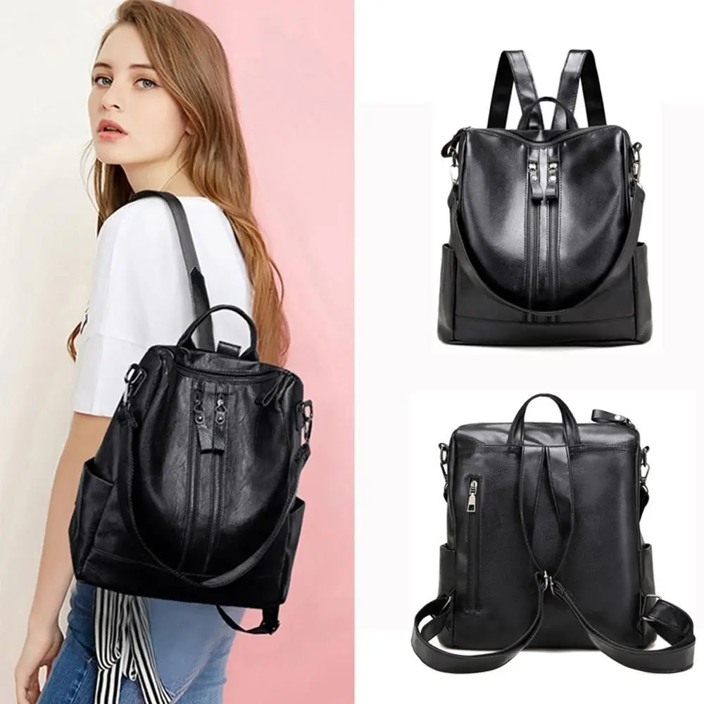 School Leather Black Casual Multifunctional Bag Women Soft Backpack College Bag Large Capacity Shoulder Bags Tote Backpack