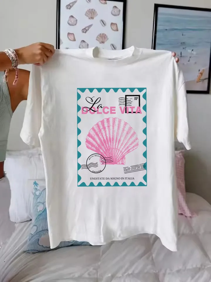 Plus Größe Frauen Italien Küsten T-shirts Vintage Shell Stempel T-Shirts Kurzarm Nette Ästhetische Baumwolle Grafik Top Weibliche Kleidung