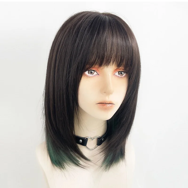 Women Black Green Ombre Short Straight Synthetic Wig Y2K Mullet Head Wig With Bangs For Daily Party Cosplay Heat Resistant