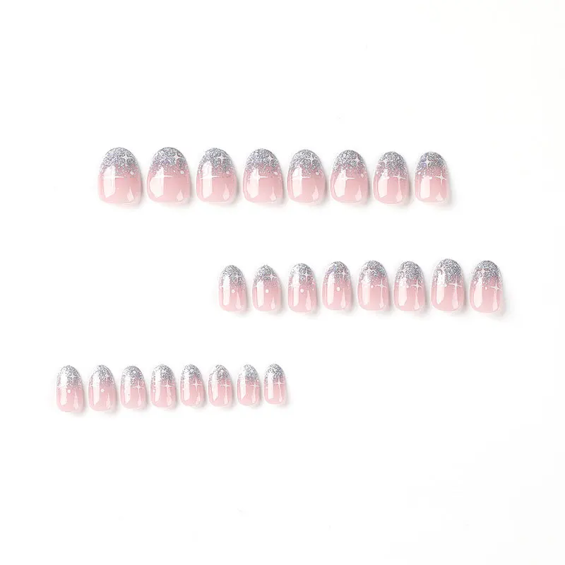 24pcs/box wearable silver glitter French manicure short white starburst fake nails with glitter