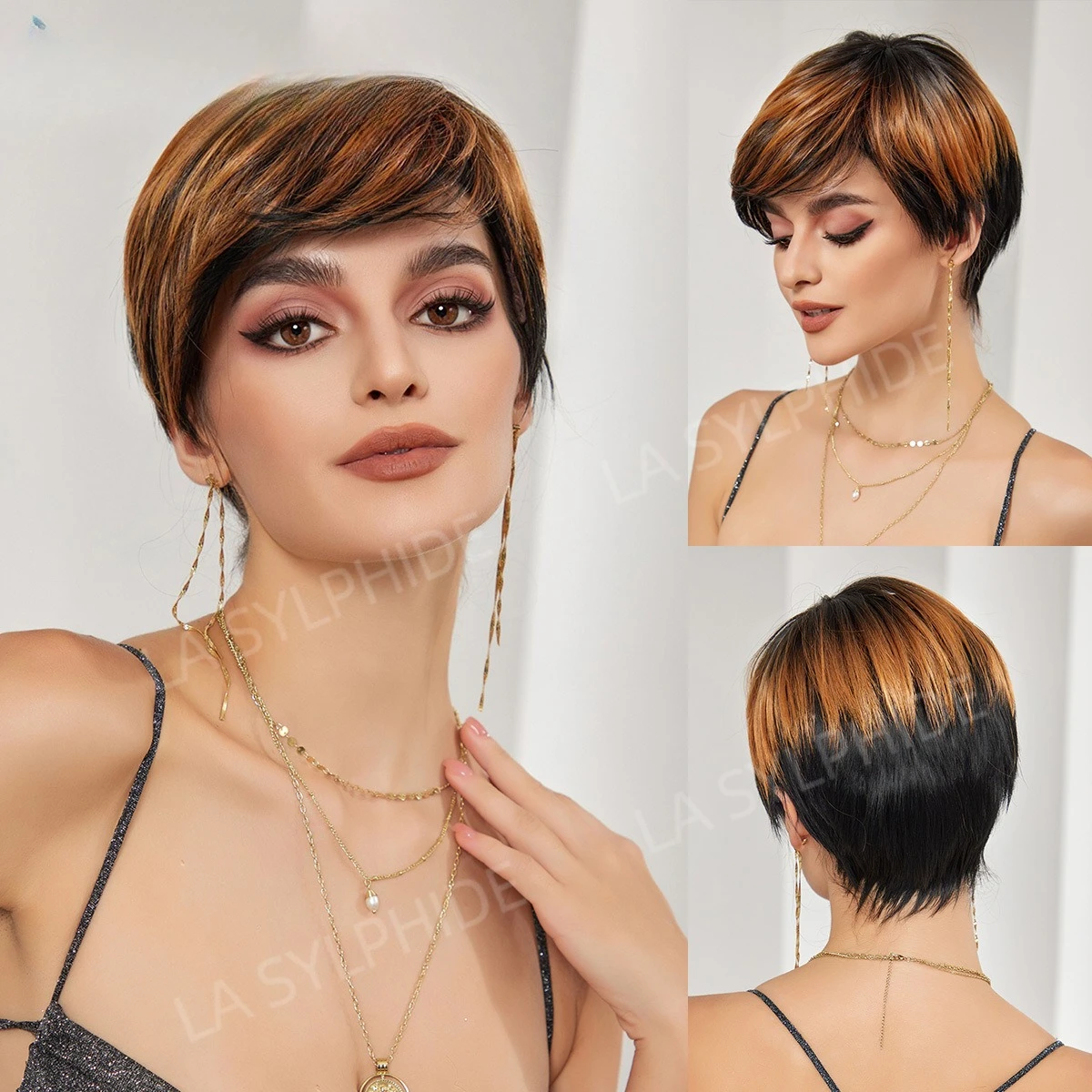 

Daily temperament short hair curly hair pixie wig black brown color mixing mechanism high temperature silk full headgear