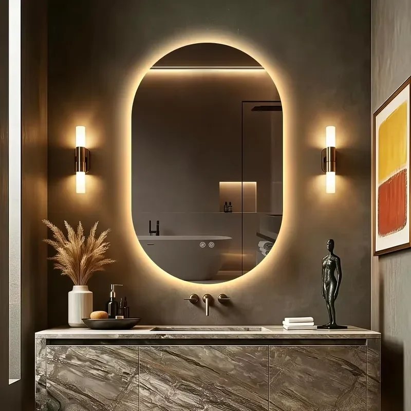 Frameless IP44 Modern Bathroom Mirror Anti Fog Dimmable 3 Color Temperature Shatterproof Touch Switch for Hotel Villa