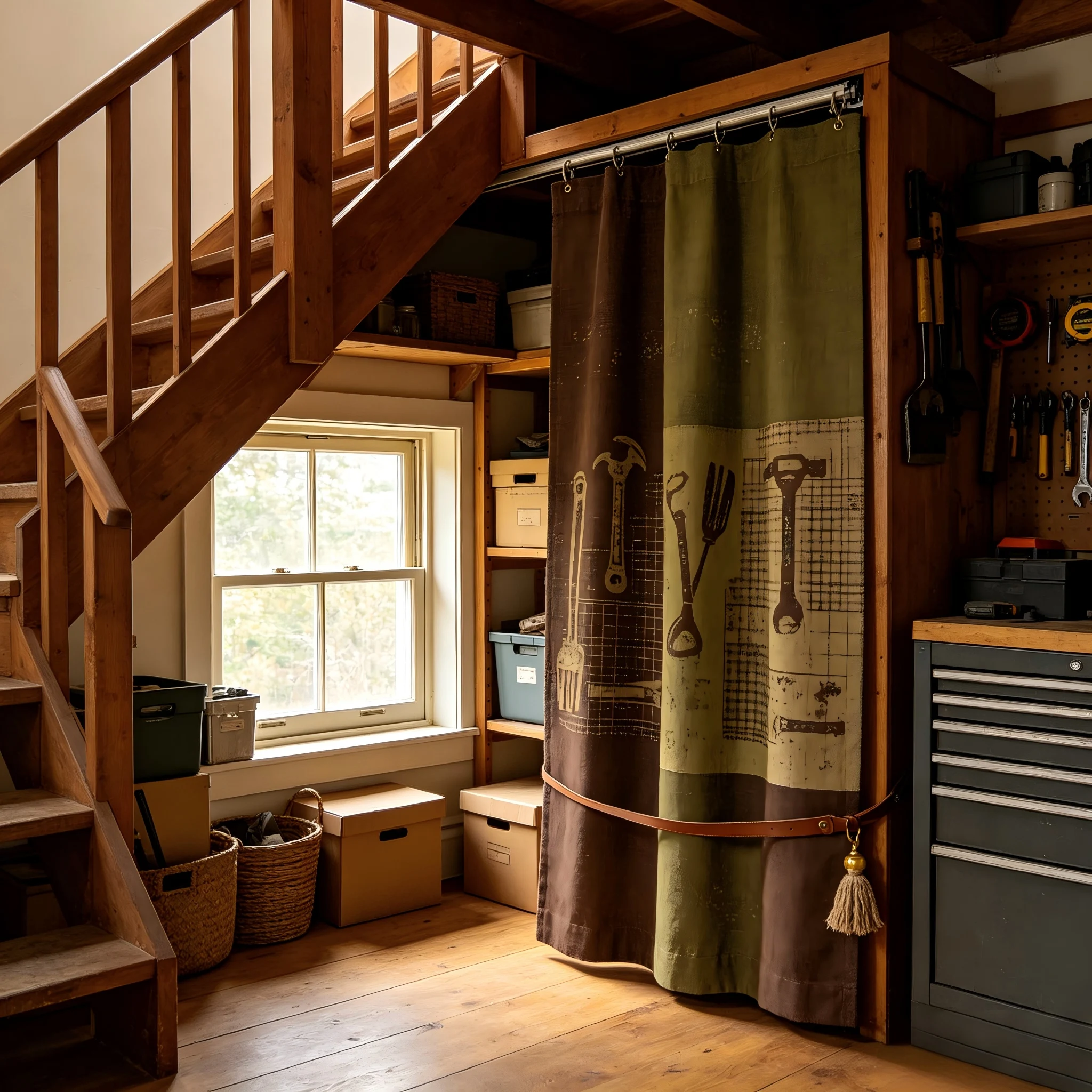200311   Staircase storage area: Dark brown canvas x olive green cotton linen, tool silhouette pattern curtains