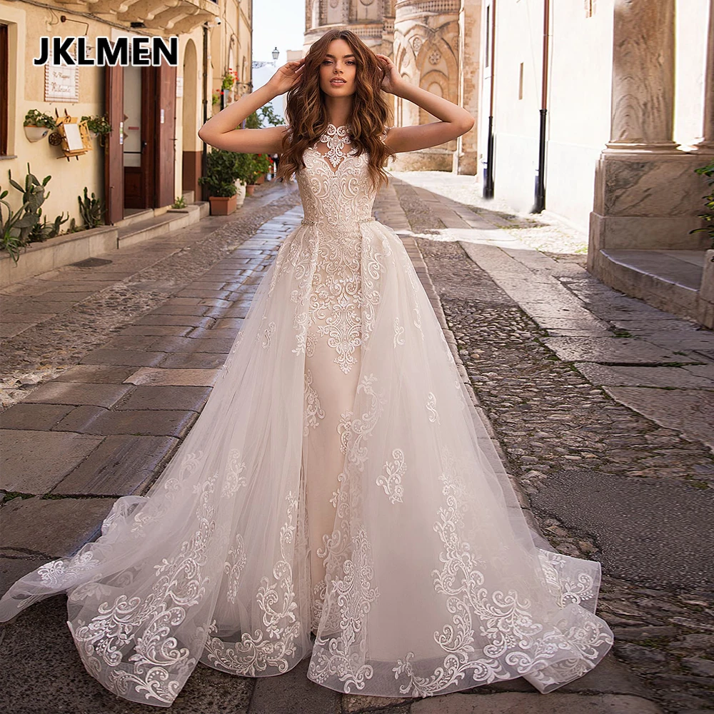 Appliques Lace Mermaid Wedding Dresses with Beading Crystal Removable Train Vestido De Noiva