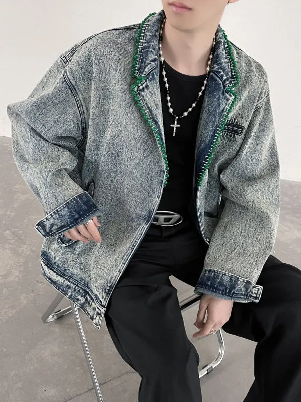 

TANGZ STUDIO Hand-Beaded Decorated Loose Fit Men's Denim Jaet with Tailored Collar Korean Sle Autumn Outerwear
