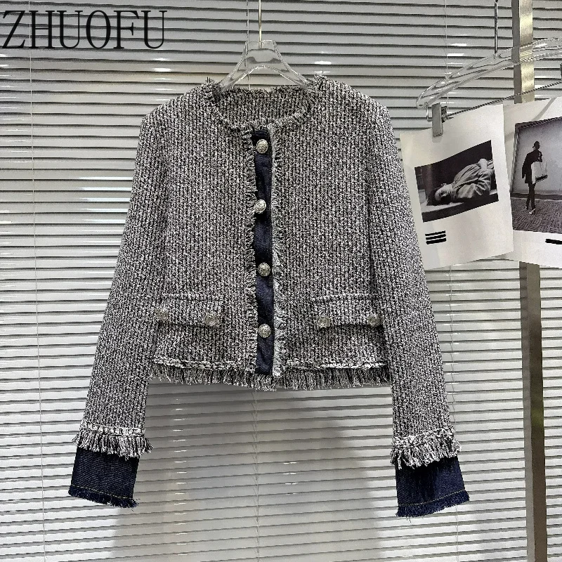 Women Grey Elegant Tweed Jackets Denim Splicing Fringe Trim Silver Button Pockets Vintage French Outerwear Autumn Winter New