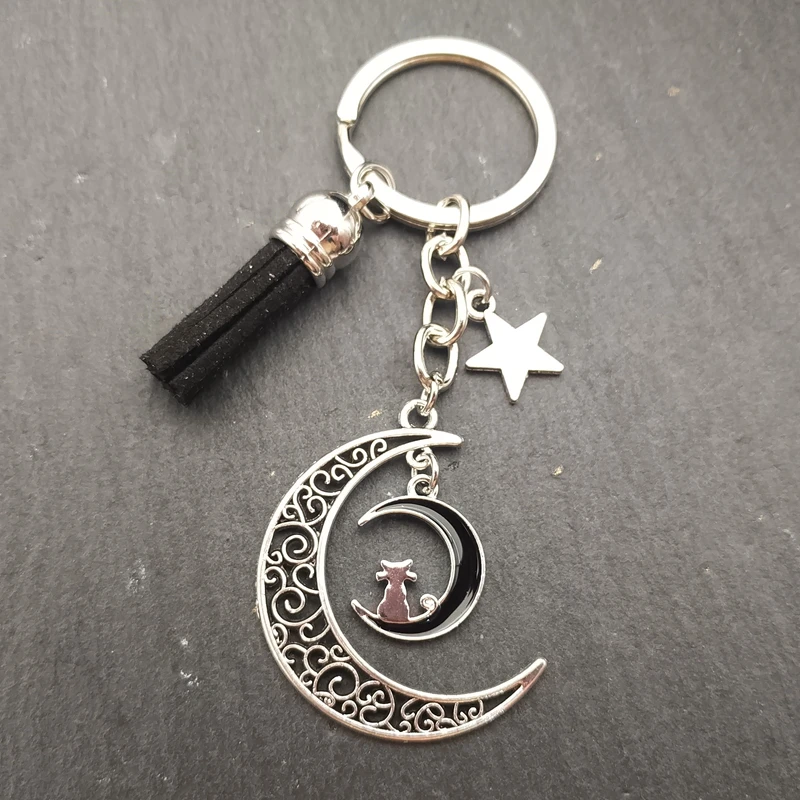 Crescent moon keychain with dripping oil moon cat, moon and stars
