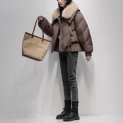 Coffee colored 90 White goose down Fox fur Big fur collar Short Down Jacket For women 2025 Winter New Korean version Down Coats