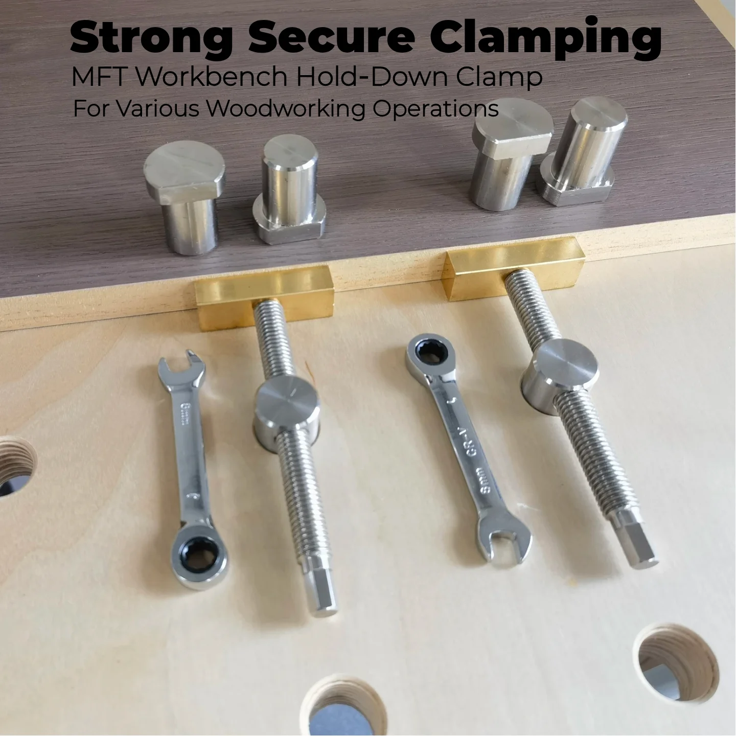 2PCS 3/4in or 20mm Bench Dog Clamps, Hold Downs & 4 Bench Dogs. CNC machined, low-profile. 2 ratchet wrenches for woodworking.