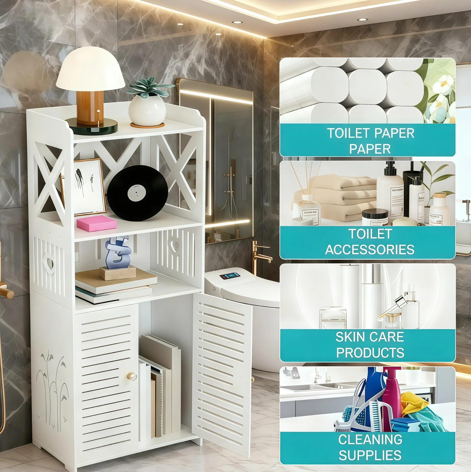 2 Open Shelves and Door Cupboard White Bathroom Storage Cabinet Bathroom Furniture Set