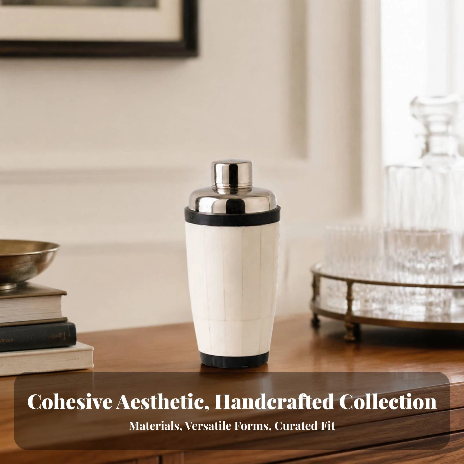 Barware Cream-Colored Stainless Steel Barware with Bone Exterior Cylindrical Decorative Bar Container with Brass Accents