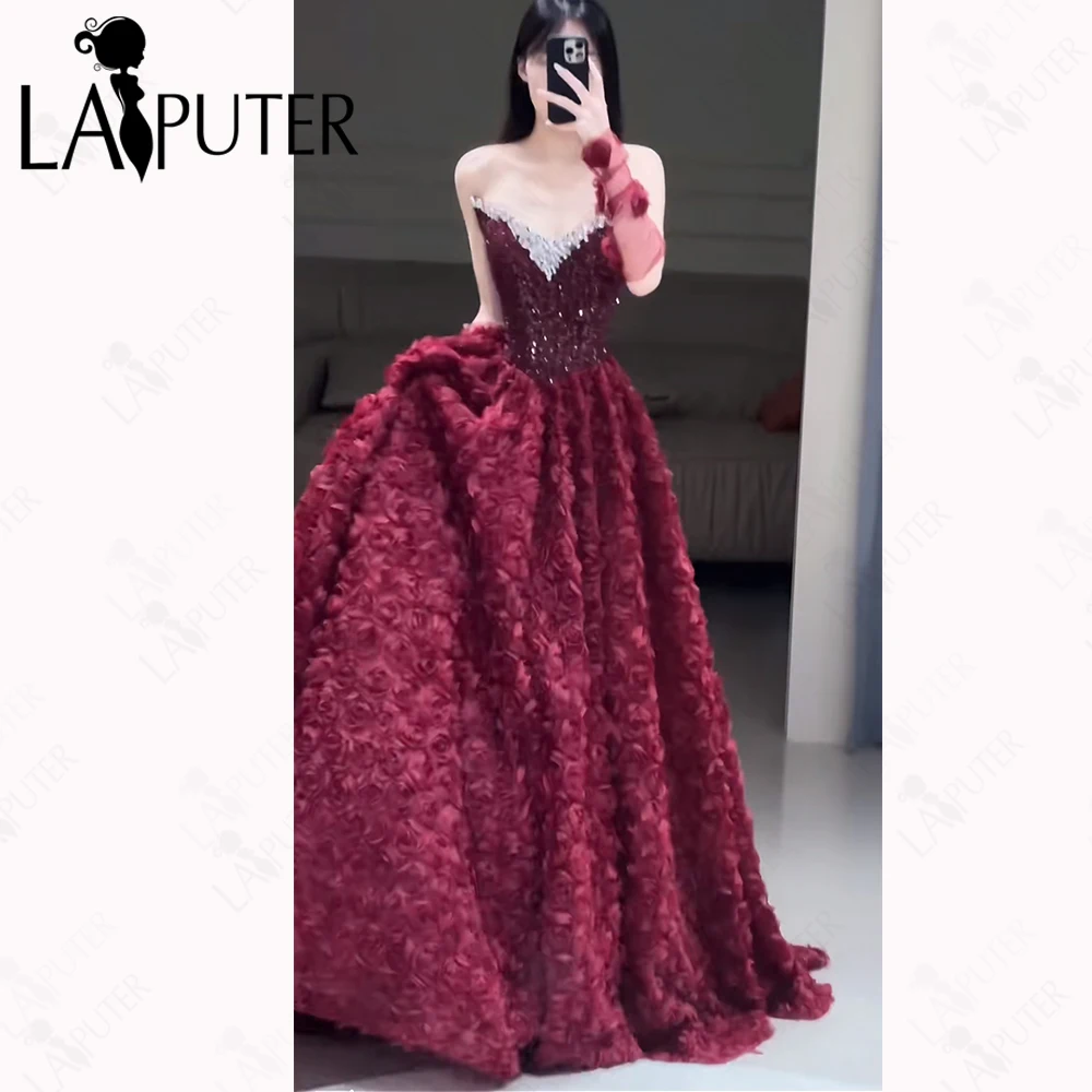 

Burgundy Puffy A line Prom Dresses Sequined Corset Bodice Evening Gown Crystal Neck Edge 3D Rose Skirt Party Dress