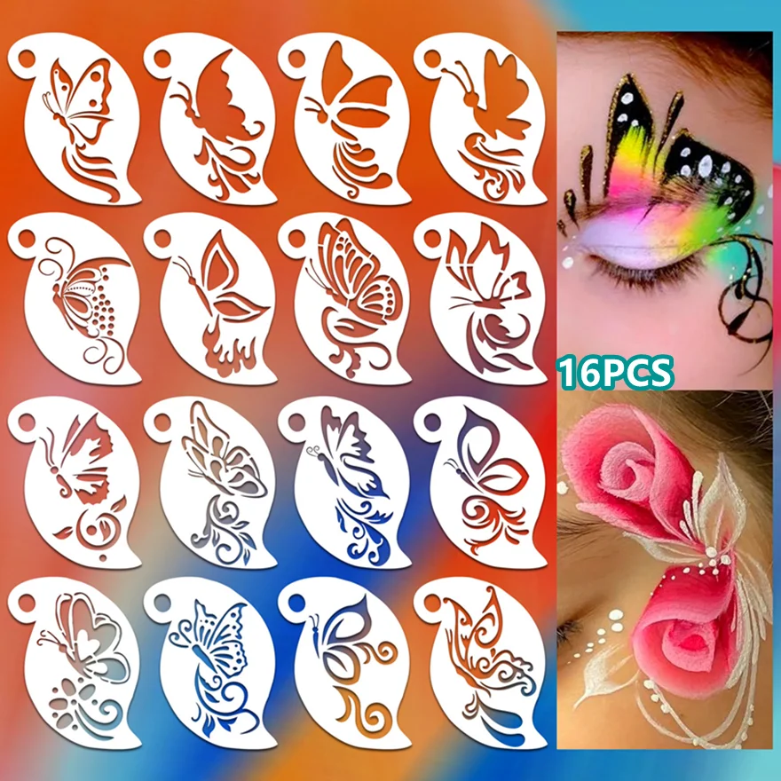 16Pcs Face Painting Stencil Mask Set DIY Kids Graffiti Hand Painting Aids Tattoo Stencils Stage Party Holiday Makeup Templates
