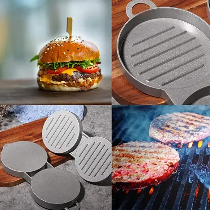 2 Grid Double Hole Stainless Steel Burger Meat Press,Machine Hamburger Meat Masher Press Minced Steak Mold Kitchen Cooking Tools