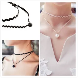 Black Chokers Necklaces For Women Simulated Pearl Double Layer Short Collares Fashion Jewelry Gothic Bijoux Neck Accessories