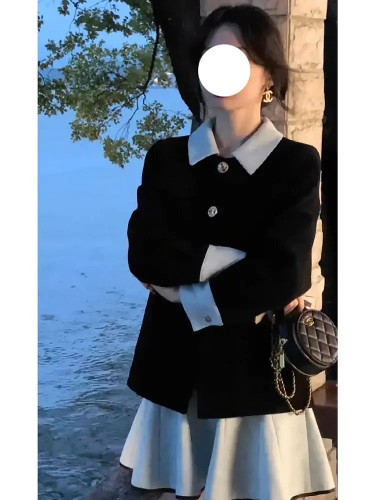 Conjunto de 2 piezas estético de los años 2000 para mujer, abrigo elegante de retazos negros + minifalda plisada, ropa elegante Retro francesa para mujer