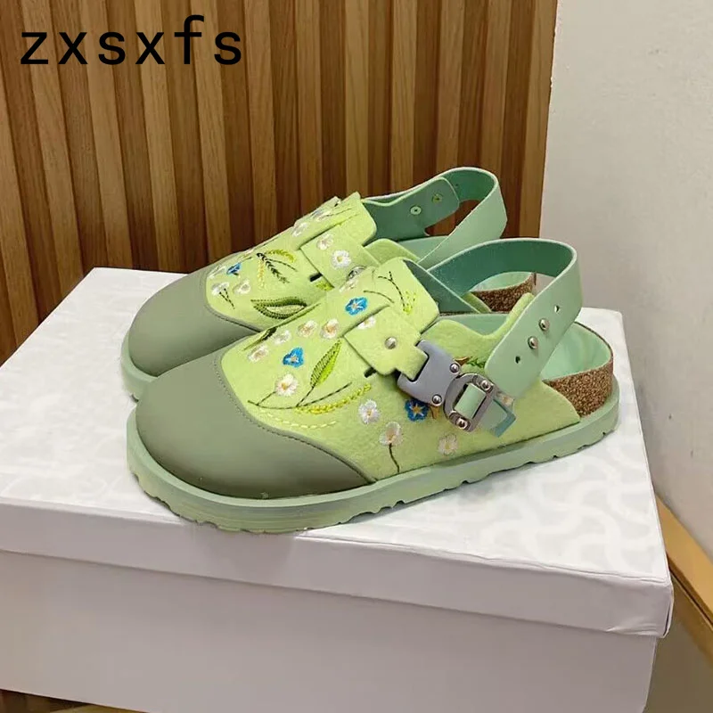 

2024 Summer Embroidery Leather Flat Shoes Women Men Wrap Toe Rome Sandals Male Designer Slingback Brand Women Sandalias Mujer