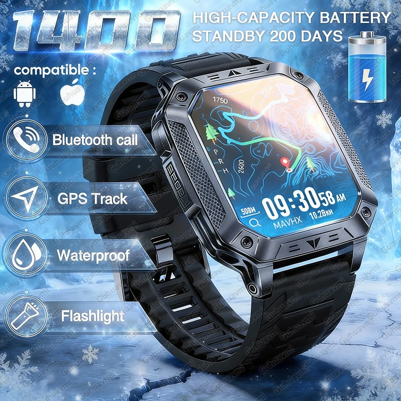 

Новые смарт-часы TANK 1400 мАч с GPS для мужчин, 2.01" AMOLED, водонепроницаемость 10ATM, LED-фонарик, SOS, для спорта и фитнеса