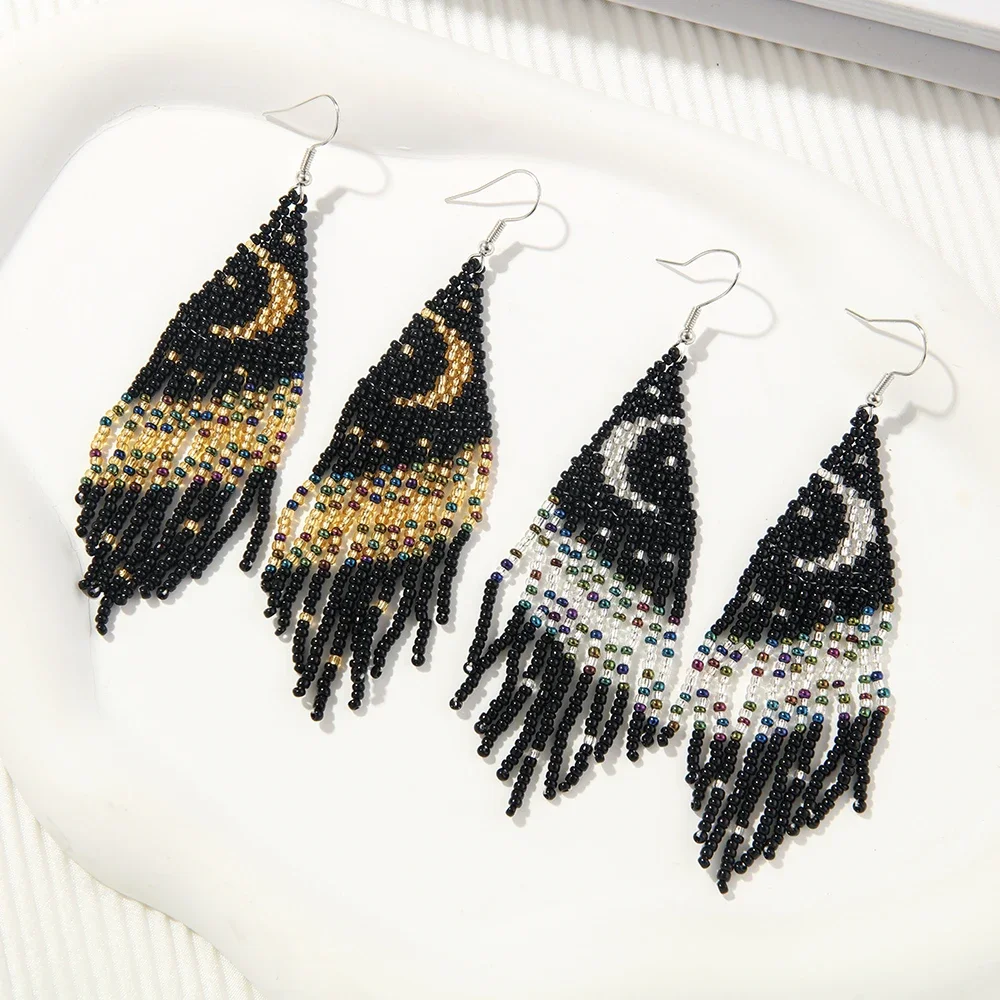 Rice bead earrings  Hand woven  Retro  moon  babysbreath  Beading  Simplicity  Bohemia  alloy  ma'am  Fringed earrings