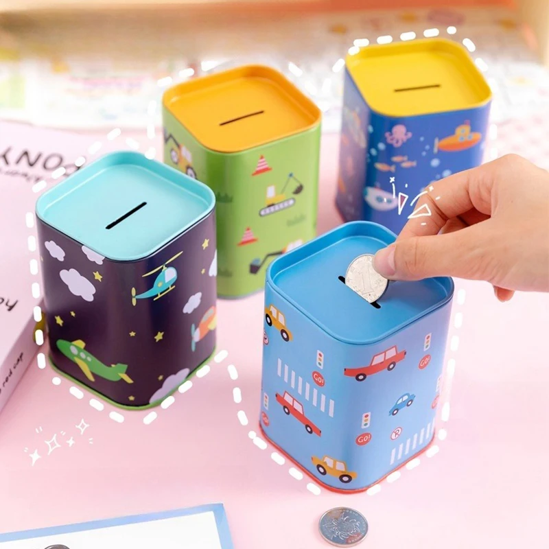 Cartoon Metal Square Tinplate Piggy Bank Square Coin Money Box Birthday Gift Children Toy Money Safe for Home Decor Ornaments