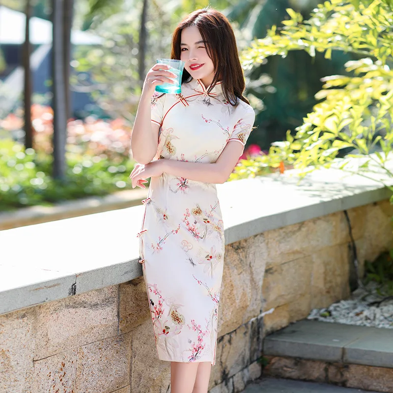 

Women Short Sleeve Print Qipao Summer Social Etiquette Lady Dress Female Chinese Traditional Elegant Vintage Button Cheongsam