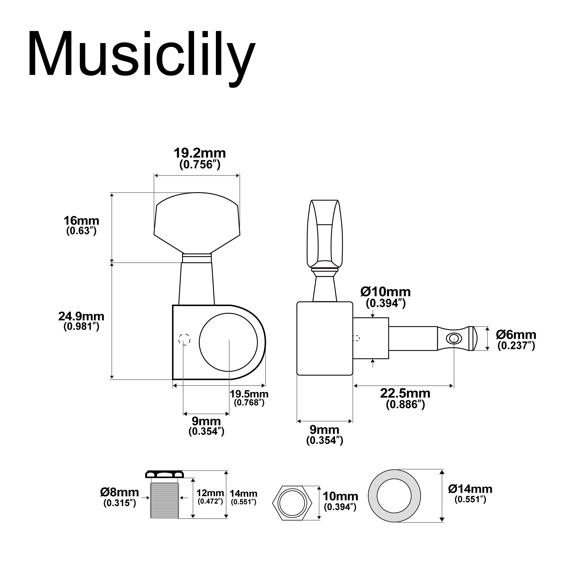 Musiclily Pro 6-in-line 15:1 Ratio 1-Pin Full Sealed Machine Heads Tuners Tuning Pegs Keys for SQ ST Tele Electric Guitar