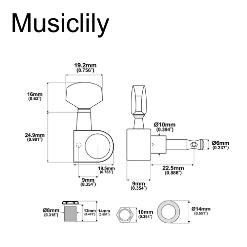 Imagen 2 del producto Musiclily Pro 6 en línea relación 15:1 1 pines cabezales de máquina completamente sellados afinadores clavijas de afinación llaves para guitarra eléctrica SQ ST Tele