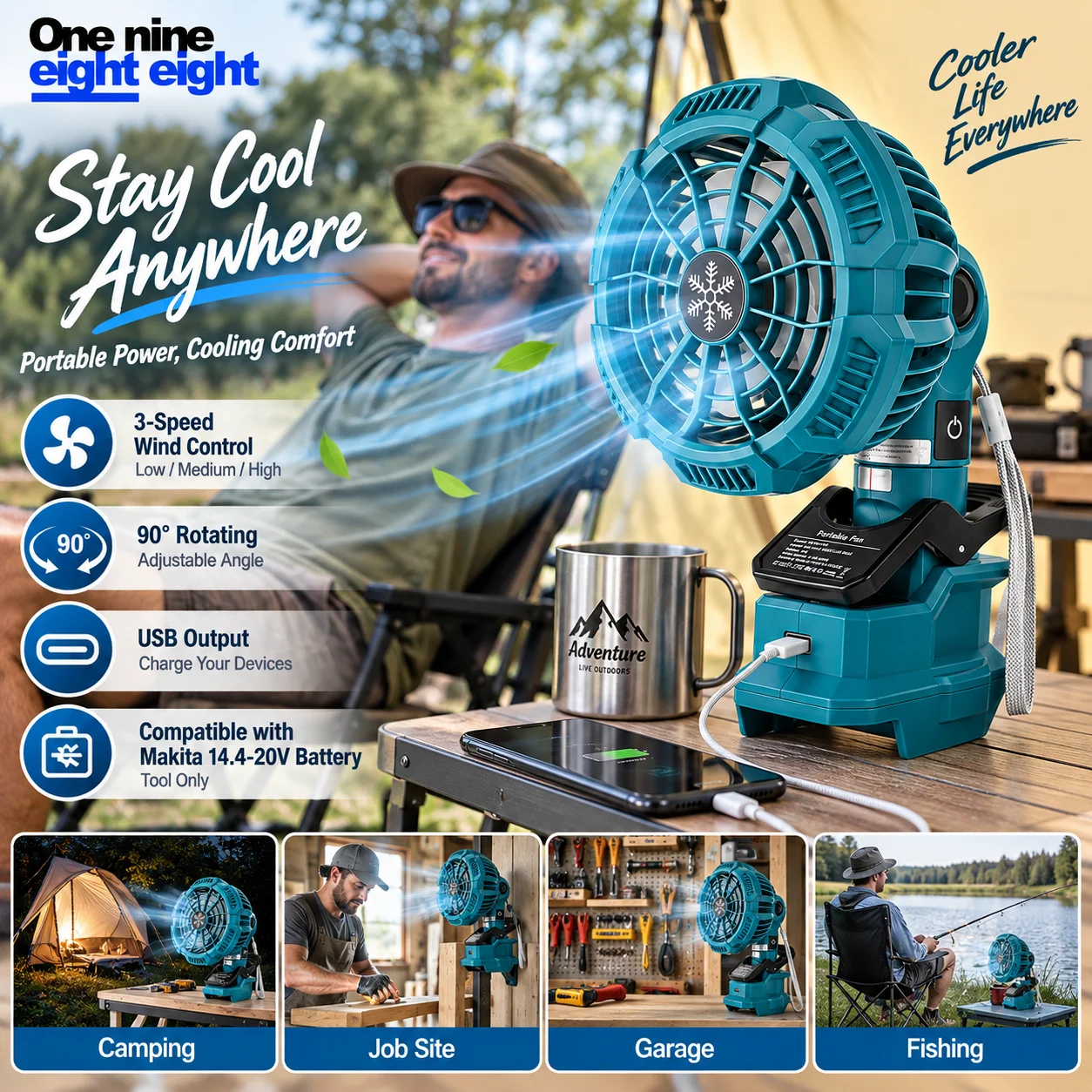 One Nine Eight Eight Cordless Portable Clip Fan 3-Speed Adjustable 90° Rotating Work Fan USB Output Compatible with Makita 14.4-