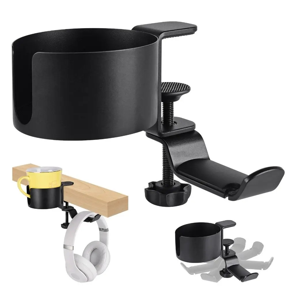 

Anti-Spill 2 in 1 Desk Cup Holder Easy to Install Headphone Hanger Under Table Cup Stand Hook Adjustable Arm Clamp