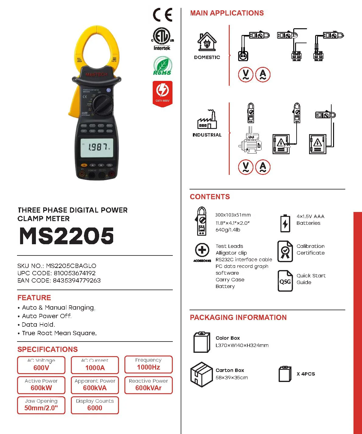 MASTECH MS2203 MS2205 Power meter Wattmeter 3-Phase professional High Sensitivity Clamp Meter Power Factor Correction USB