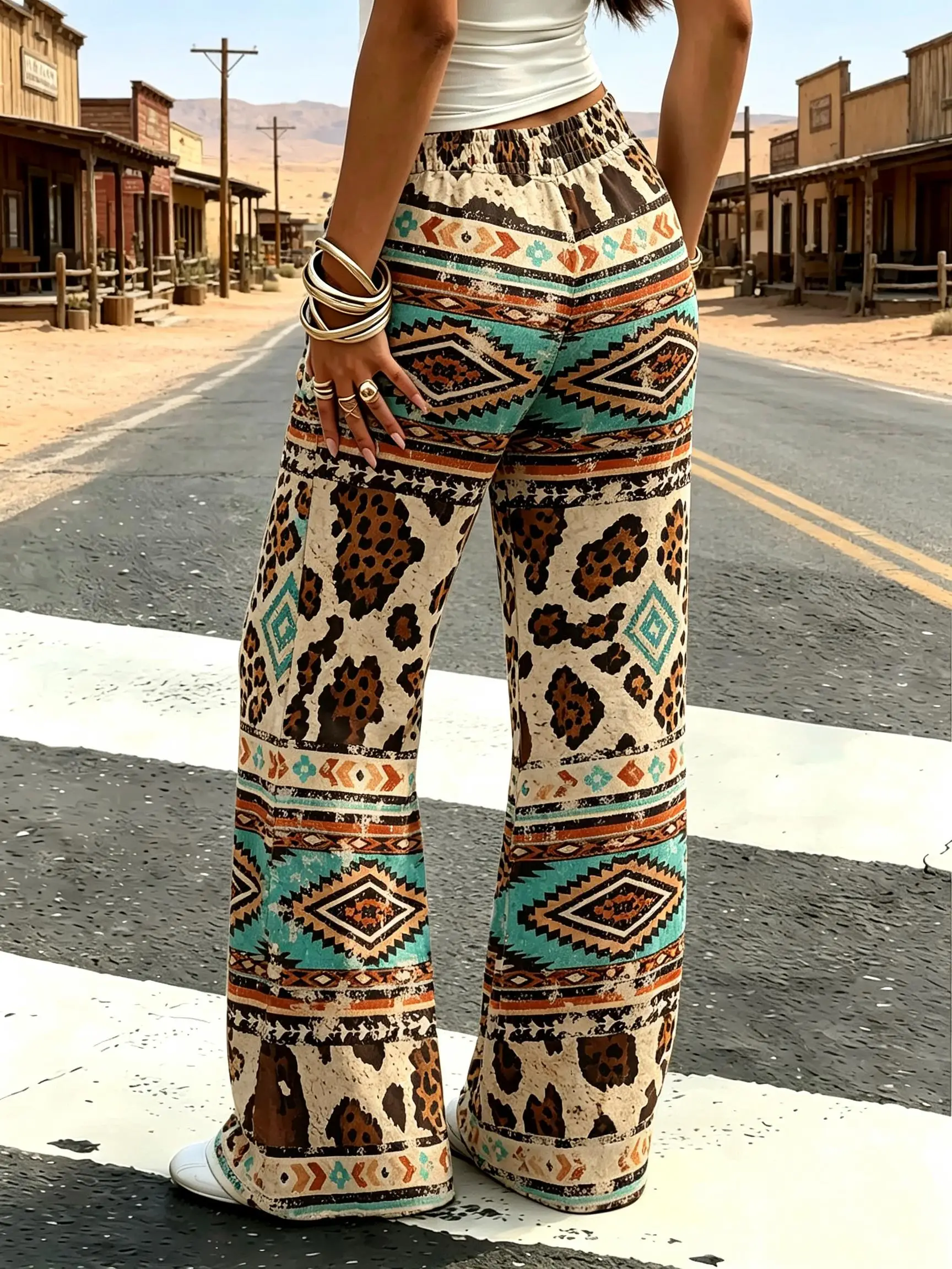 Vintage Western Ethnic Geometric Print Women Flare Pants Bohemian Casual Wide Leg Trousers