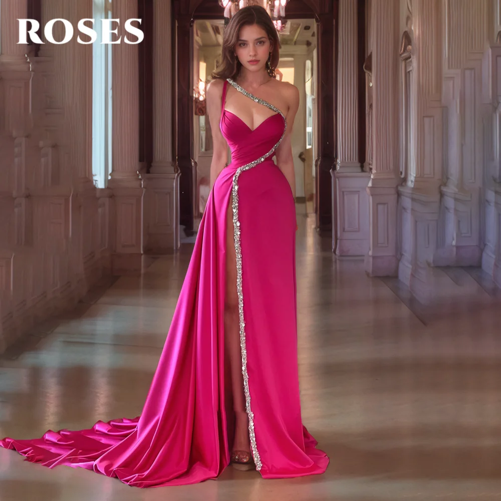 

ROSES Fuchsia Elegant Evening Gown V-Neck One Shoulder Prom Dresses with Sequins Satin Side High Split Formal Gown Customized