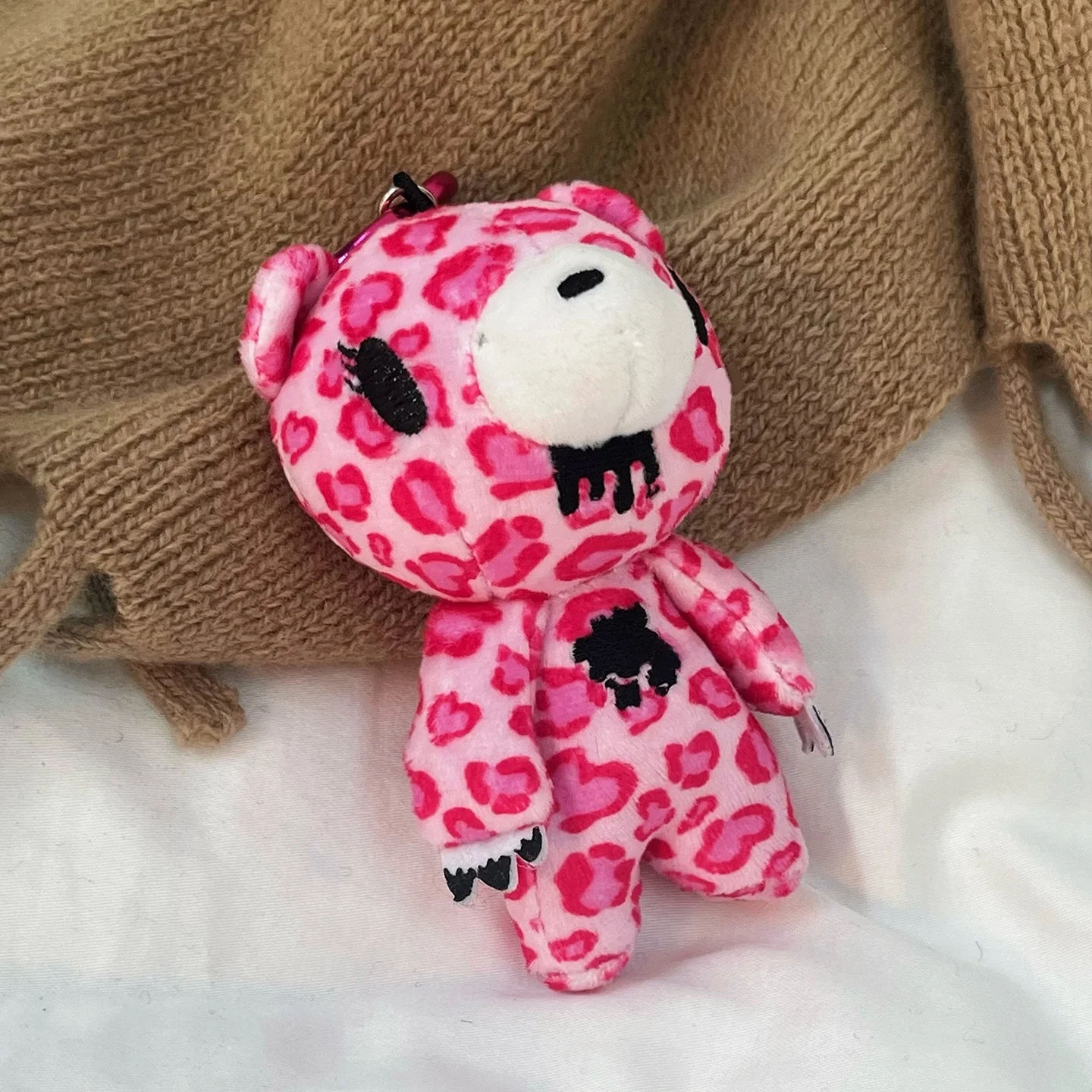 Pink Leopard Print Bear Plush Keychain Cute Cartoon Doll Bag Pendant Trendy Plaything Hanging Decoration Subculture Gift