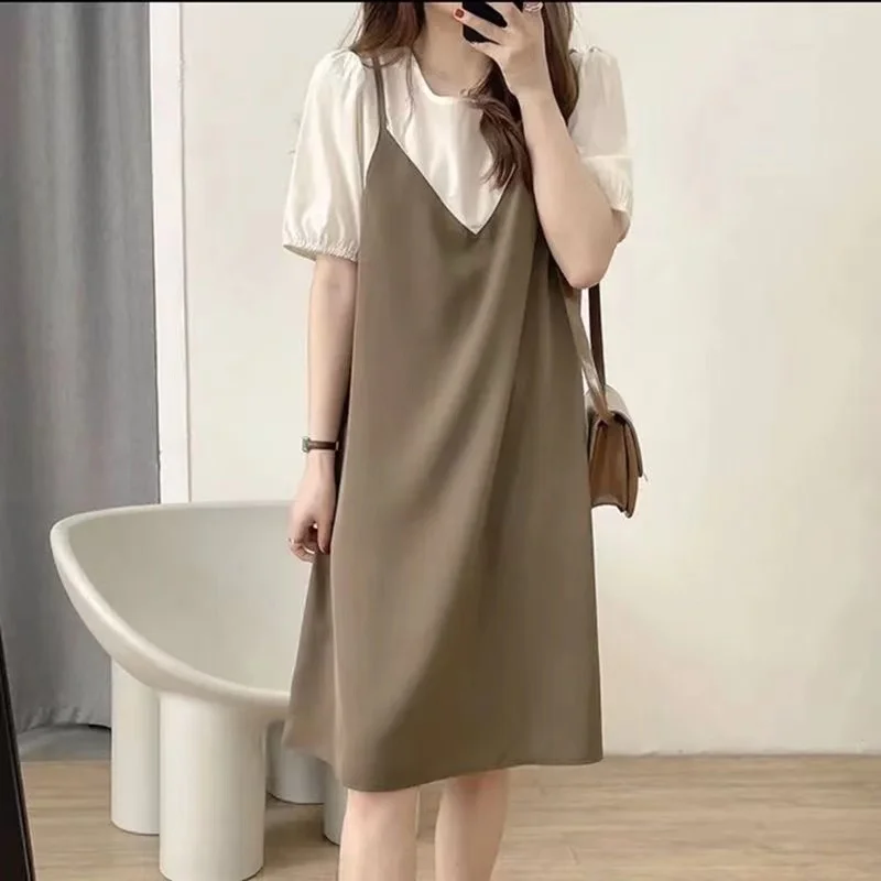 

plus Size 300 Pou Dr Ele Gentle Loose Meat Concealing Breathable Strap Dr Fake Two-Piece Set Korean Sle round ...