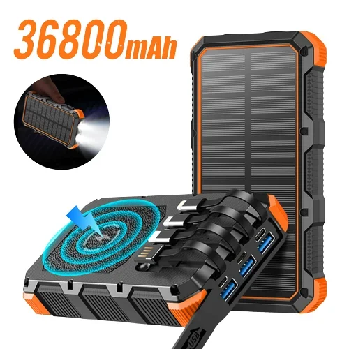 Portable 36800mah Solar Wireless Power Bank Outdoor Emergency Solar Charger with Camping Light Built in Cable