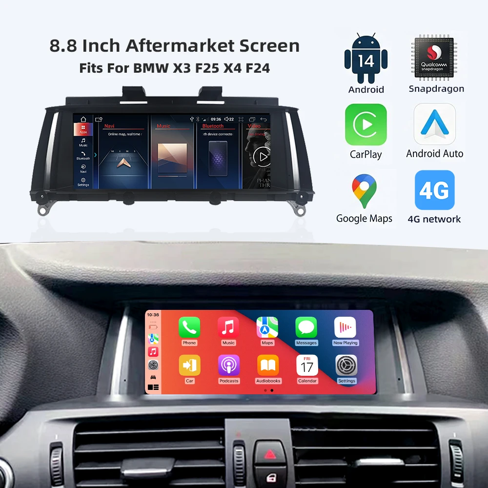 8.8 Inch Android 14 Car Multimedia Player for BMW X3 F25/X4 F26 with Wireless CarPlay Android Auto GPS for Dashboard Mount