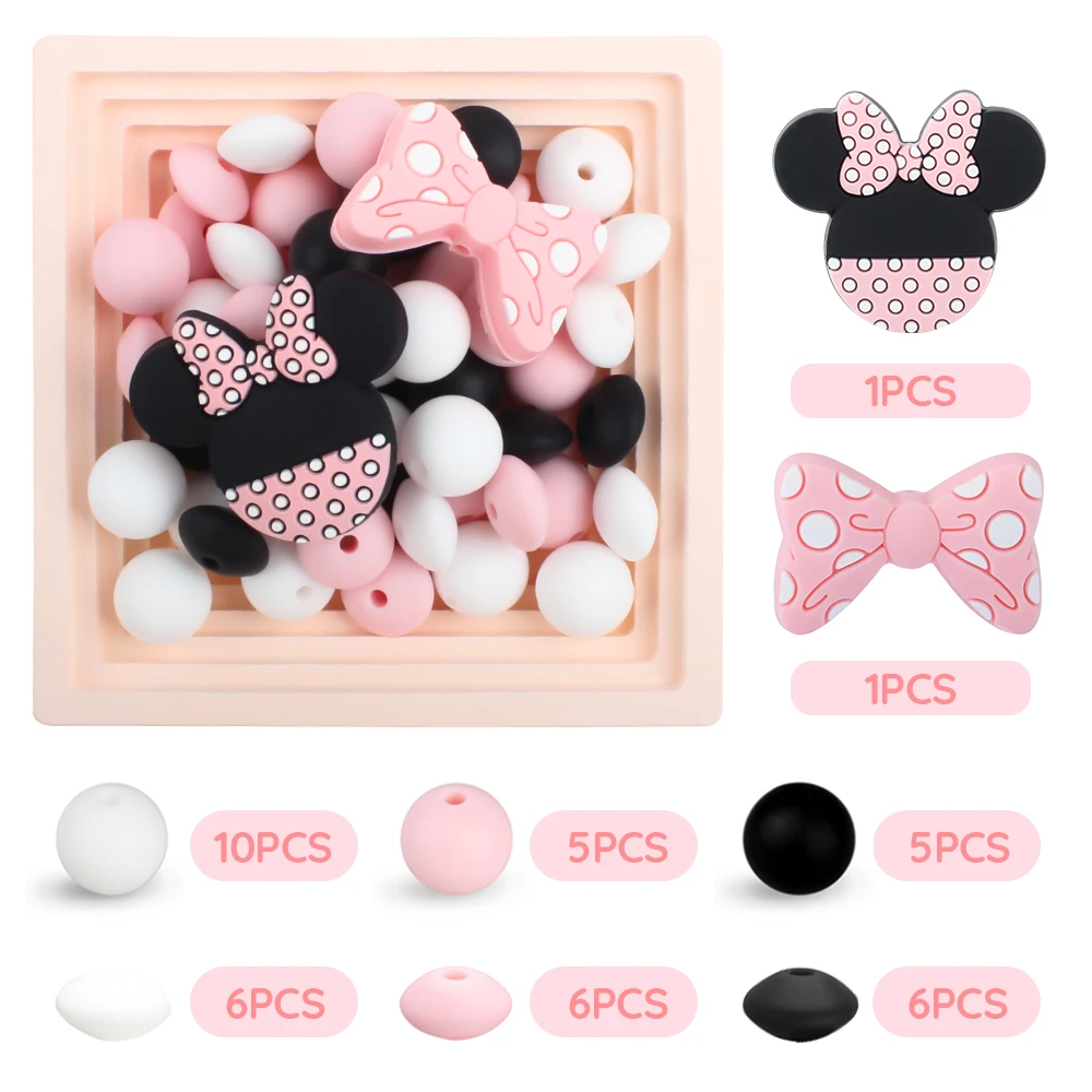 40Pcs/Set Cartoon Silicone Beads Round Lentil Mouse Shape Beads Necklace Accessories Toys Sets for DIY Pacifier Clips Chain