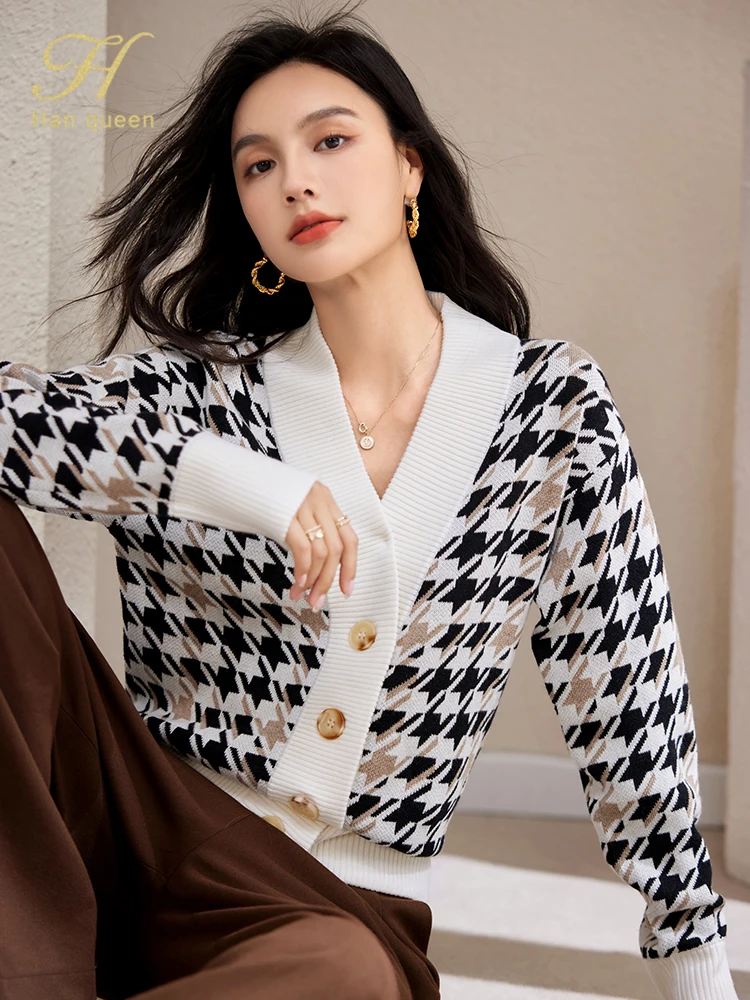 H Han Queen Autumn Winter Knitted Cardigans Sweaters Women Tops Basic Houndstooth V-Neck Chic Knit Long Sleeve Cardigan Jacket