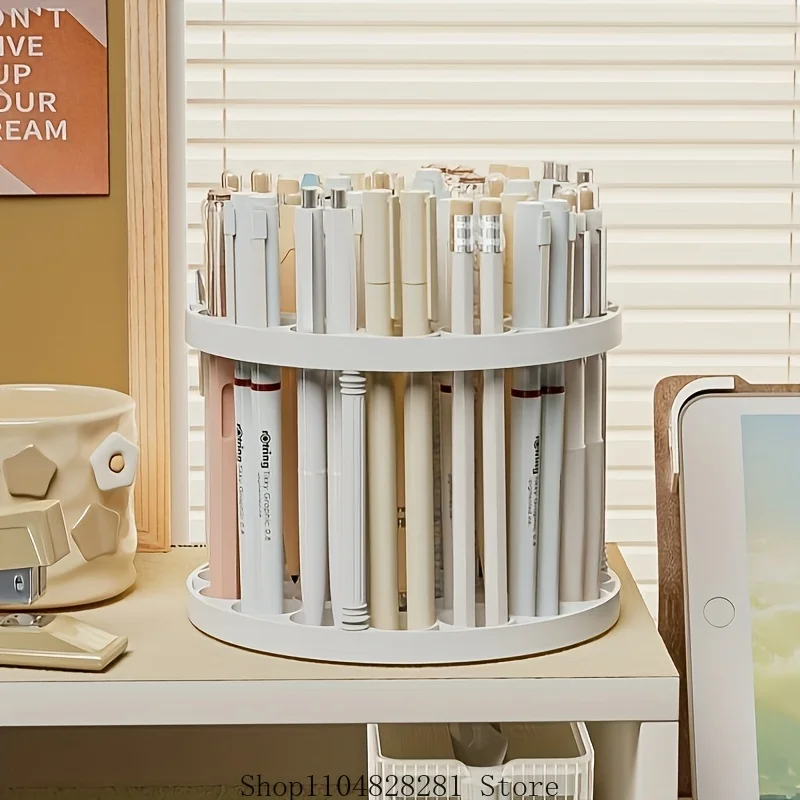 360 °   حامل فرشاة دوار - مقبس بلاستيكي مزجج، مناسب للفرش وأدوات التجميل - ملحق سطح مكتب أبيض موفر للمساحة