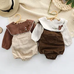 Infant Baby Girls Clothes Suit Long Sleeved Cotton Embroidered Shirt+Corduroy Jumpsuit Spring Autumn Children Clothing Suit