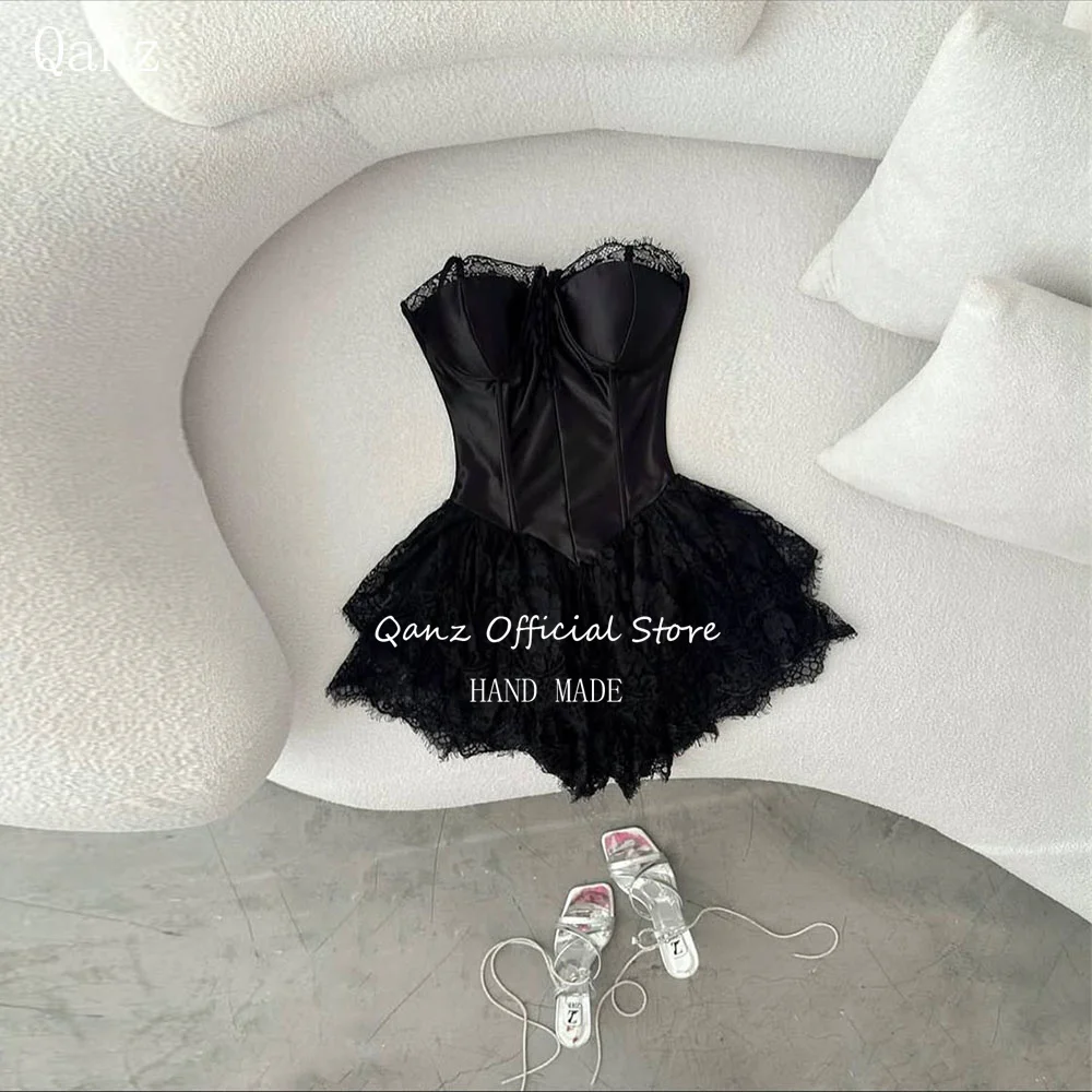 

Qanz Sexy Black Prom Dress Sweetheart Lace Mini A Line Wedding Party Dresses Women Corset Back Vestidos De Fiesta Customized