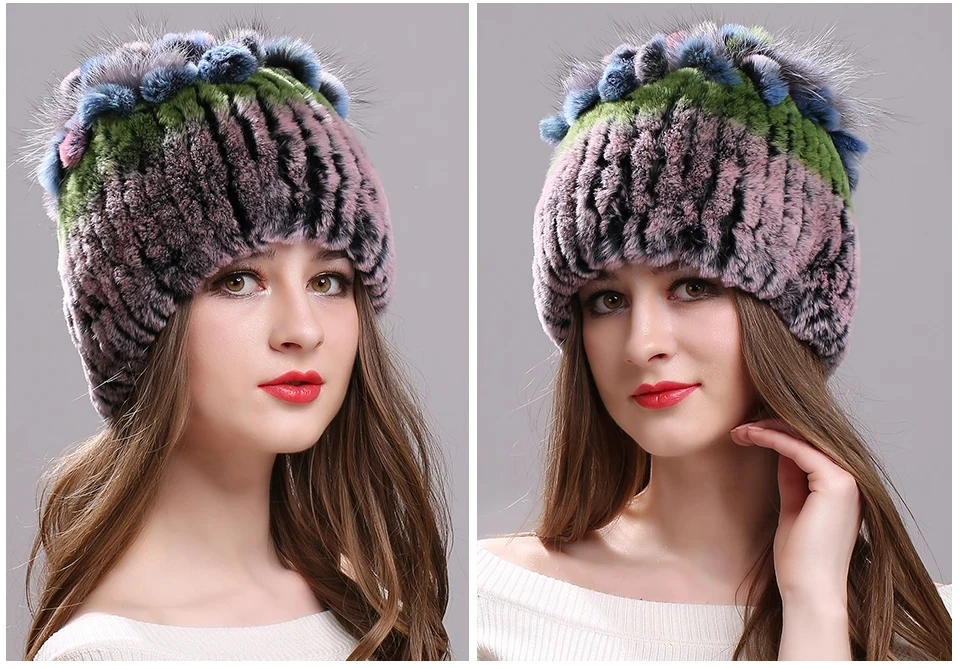 Strickmütze für Damen, 100 % echte Rex-Kaninchenfellmütze mit Blumen, Oberteile, warme, hochwertige Beanie-Damenmütze aus echtem Pelz für den Winter – Detail 16