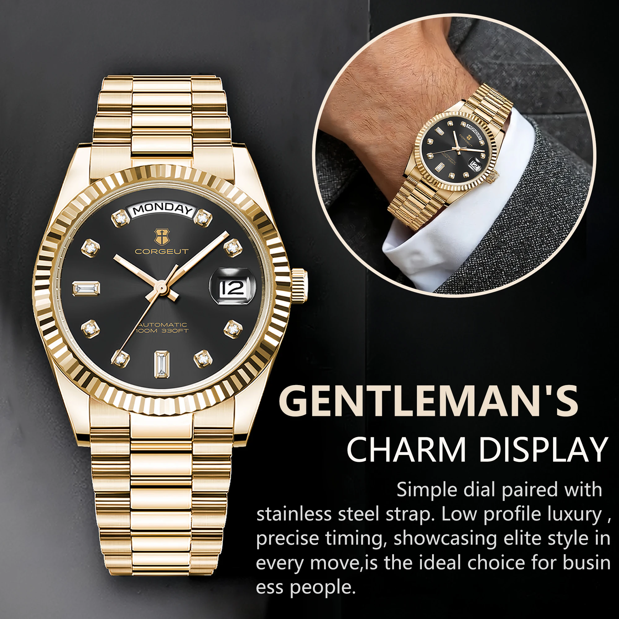 Custom Logo Watch Automatic 36/39MM Men's Watch Sapphire ST1644 Gold Luxury Waterproof Diving Watch for Men Corgeut